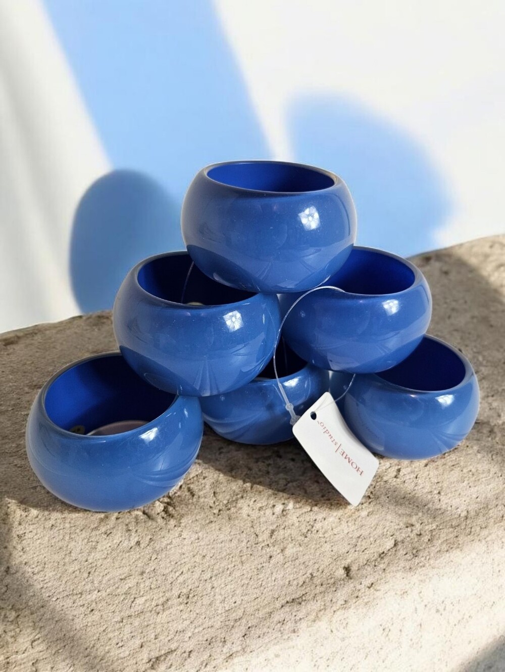 Home Studio Napkin Rings OS Glossy Lacquer Resin Round Table Decor Blue X 6 NWT